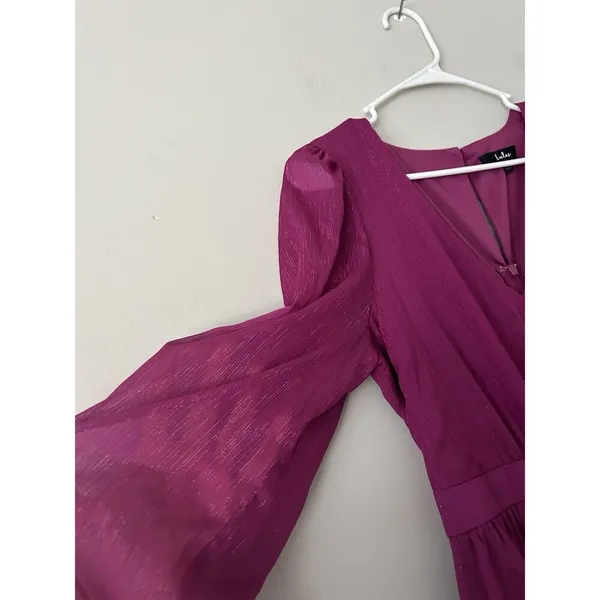 Lulus New Purple Magenta Metallic Sheer Long Sleeve Mini Dress Size Medium Party - Image 3