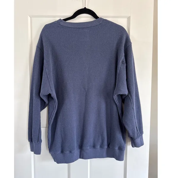 Aerie Blue Waffle Knit Crewneck Thermal Oversized Sweatshirt Medium - Image 4