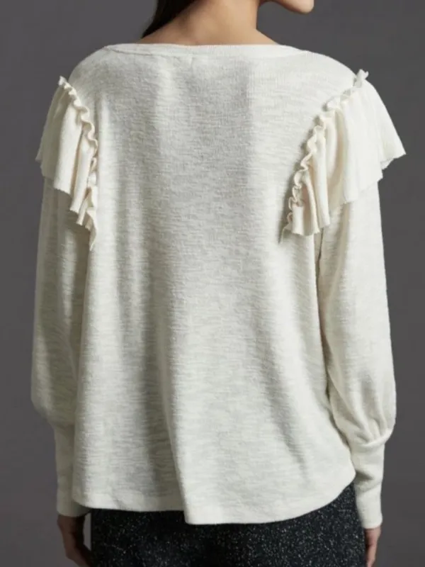 Anthropologie Pilcro Cozy Ruffle Popover Top Long Sleeve V-Neck Ivory Cream XL‎ - Image 8
