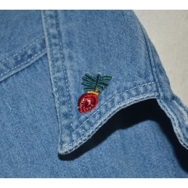 Vintage Quizz Again Cotton Denim Button Up Shirt Size M Embroidered Christmas - Image 3