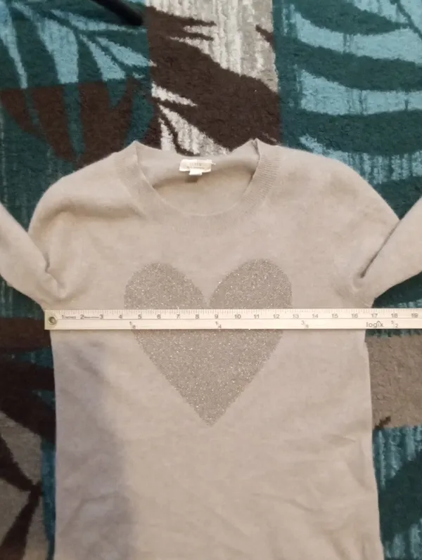 J Crew Cashmere Crewneck Sweater With Lurex Metallic Heart Neutral Fitted Small - Image 8