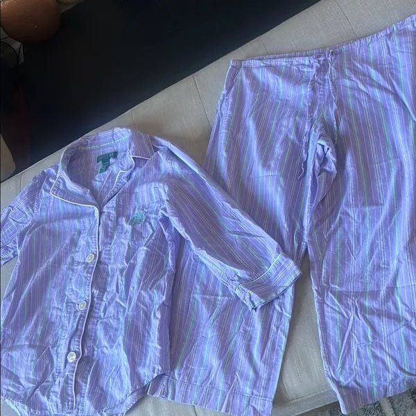 Ralph Lauren Two Piece Pajama Set Purple Green Striped Size Small - Image 4