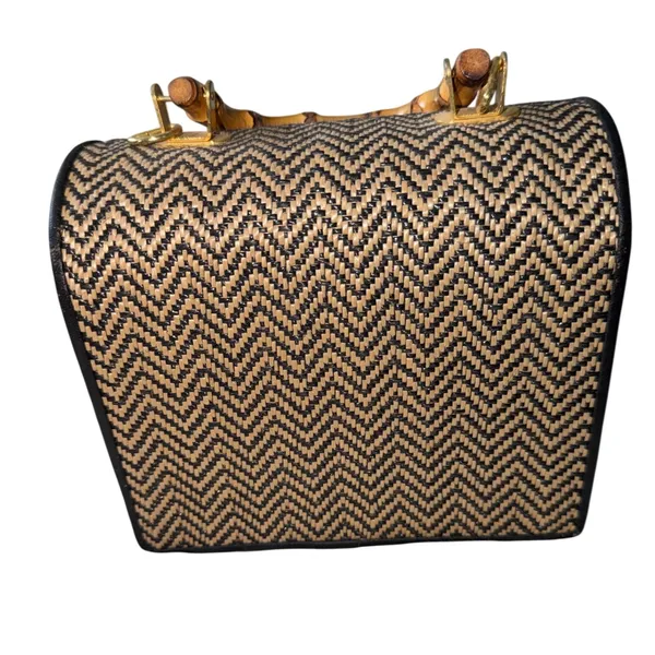 Woven Straw Chevron Zigzag Top Handle Bag with Bamboo Handle Black Tan - Image 3