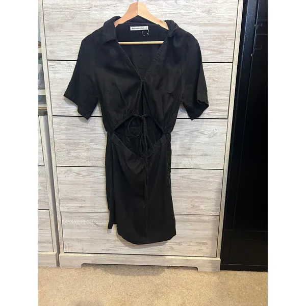 Abercrombie & Fitch Black Linen Blend Cutout Dress Small Short Sleeve Collared - Image 3