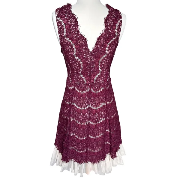 Trixxi Burgundy Lace Fit Flare Mini Dress XL V-Neck Eyelash‎ Lace Tulle Hem - Image 3