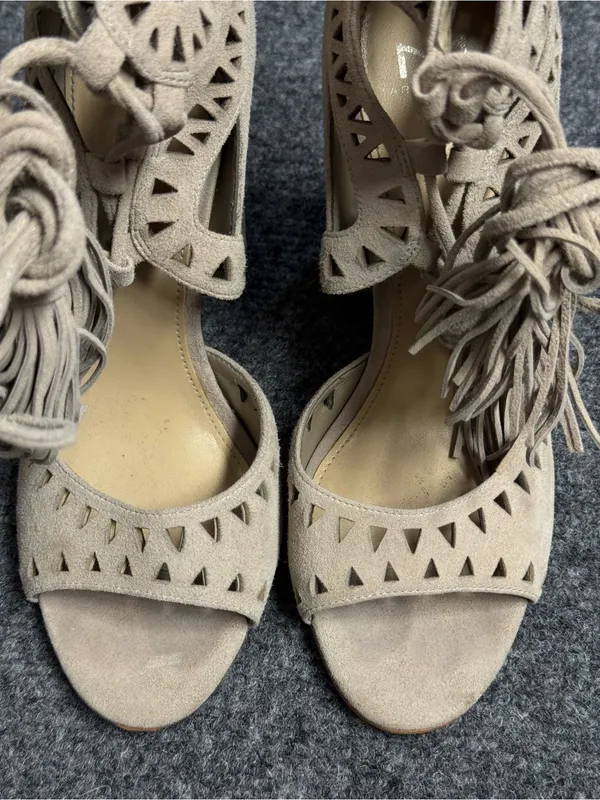 Marc Fisher Beige Laser-Cut Suede Lace-Up Heeled Sandals - Image 3