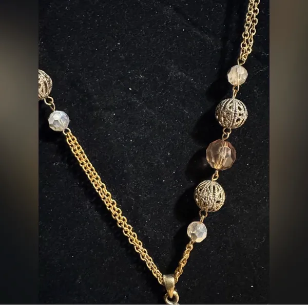 Long Layered Gold Tone Beaded Cross Rhinestone Necklace - Image 3