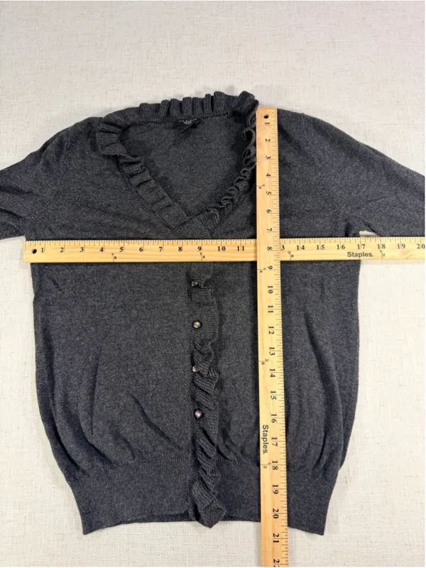 Ann Taylor Petite Women’s Ruffle Trim Button Front Cardigan Heather Charcoal Sma - Image 2