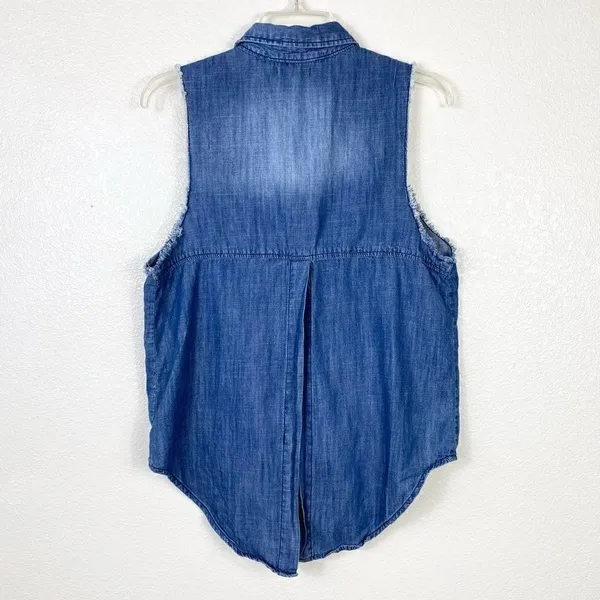 BDG Chambray Denim Distressed Hem Sleeveless Button Up Shirt - Image 2