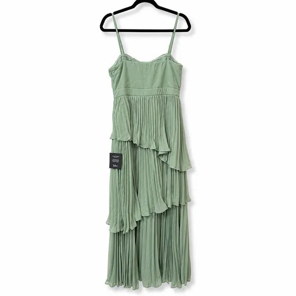 NEW Lulus Jehona Sage Green Brush Pleated Tiered Maxi Dress Chiffon Gown Large - Image 7