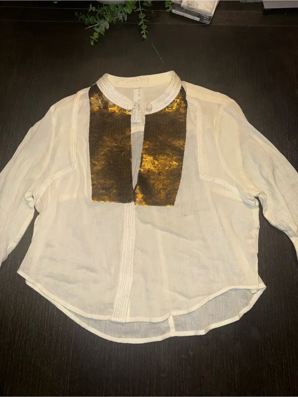 Romantic Boho Blouse Gold Embroidered Bib Front Top Cottagecore Peasant - Image 5