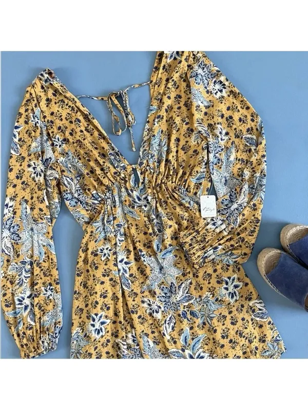 NWT Free People Soli Golden Hour‎ Combo Yellow V-Neck Long Sleeve Mini Dress - Image 5