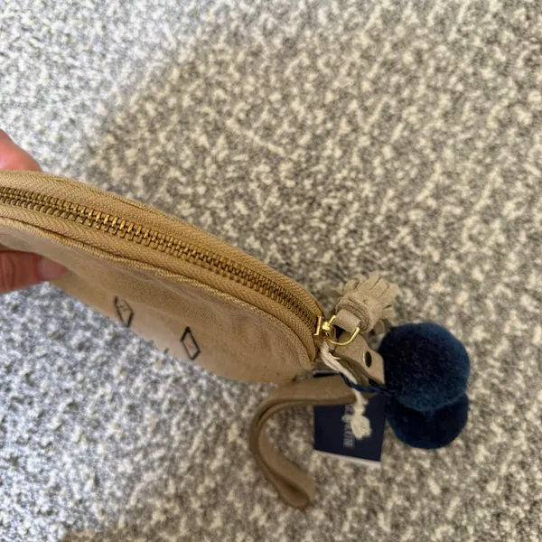 Bloom & Give Tan Round Mini Wristlet with Tassel & Pom Pom’s - Image 3