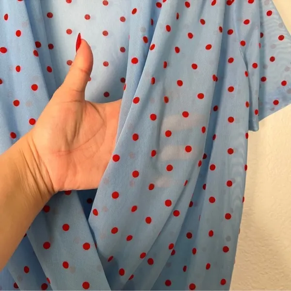 ZARA TRAFALUC baby blue red polka dot semi sheer mesh retro top S B18‎ - Image 9