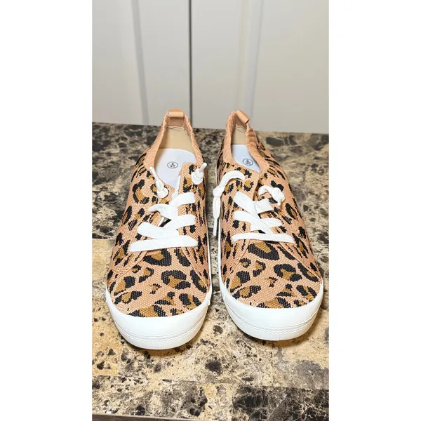 Leopard Print Mesh Knitted Slip On Sneakers Tan Black Animal Print Low Top 9 - Image 2