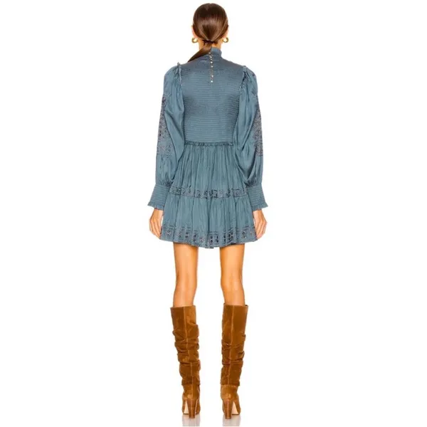 Ulla Johnson Blue Angelica Mock Neck Embroidered Smocked Mini Dress, Size 4 - Image 5