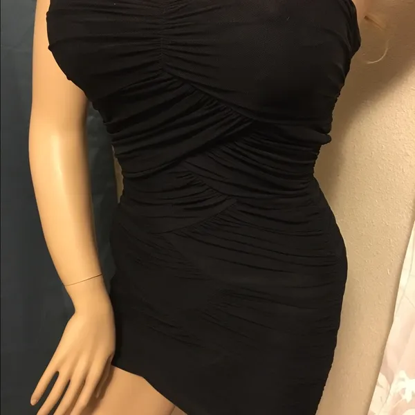 Little Black Mini Bodycon Dress | Ruched Stretch Party Club Dress | S - Image 5