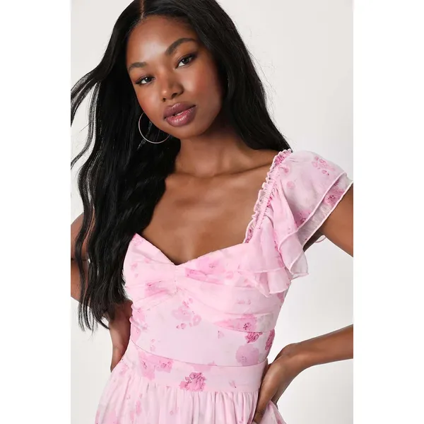 NWT Lulus Loveliest Darling Light Pink Floral Ruffled Tie-Back Midi Dress Sz L - Image 3