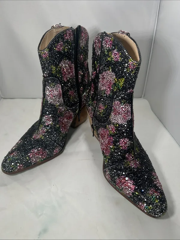 Betsey Johnson Diva Black Crystal Floral Ankle Cowboy Boots Size 6M - Image 10