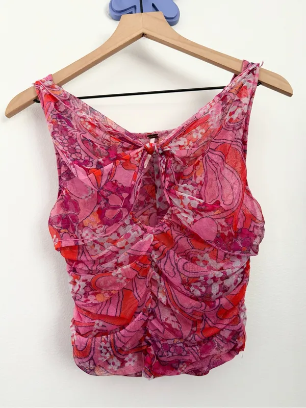 Free People Small Tell Me More Top Mesh Reversible Pink Ruch Floral Y2K Hippie - Image 3