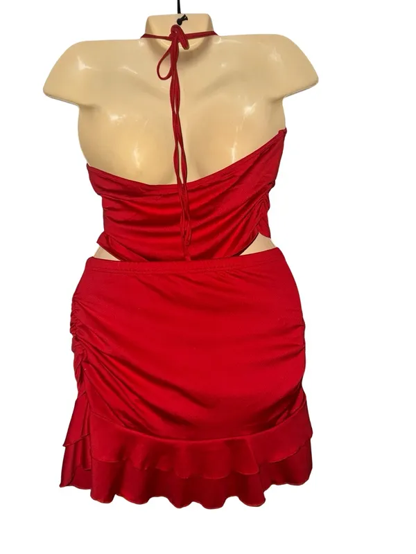Red Halter Crop Top & Ruffled Mini Skirt Set Size M - Image 3