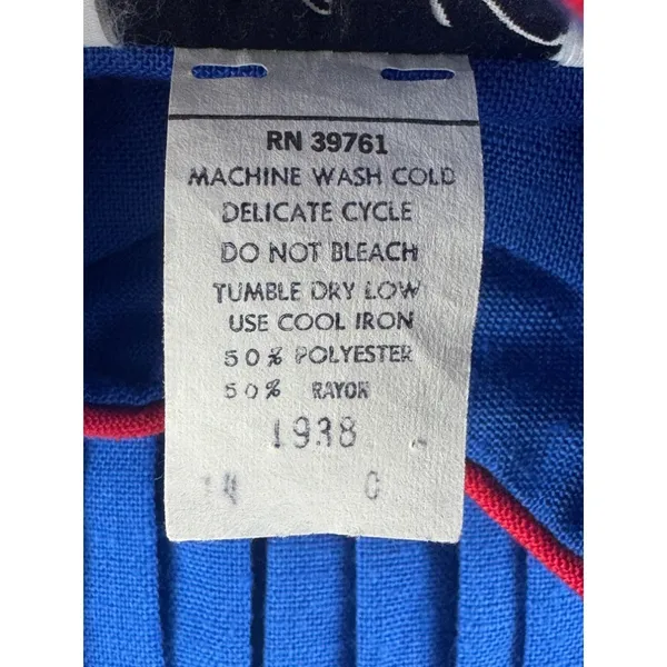Vintage 70s Malouf Blue White Slub Texture Pleated Midi Dress Red Trim Size 14 - Image 5