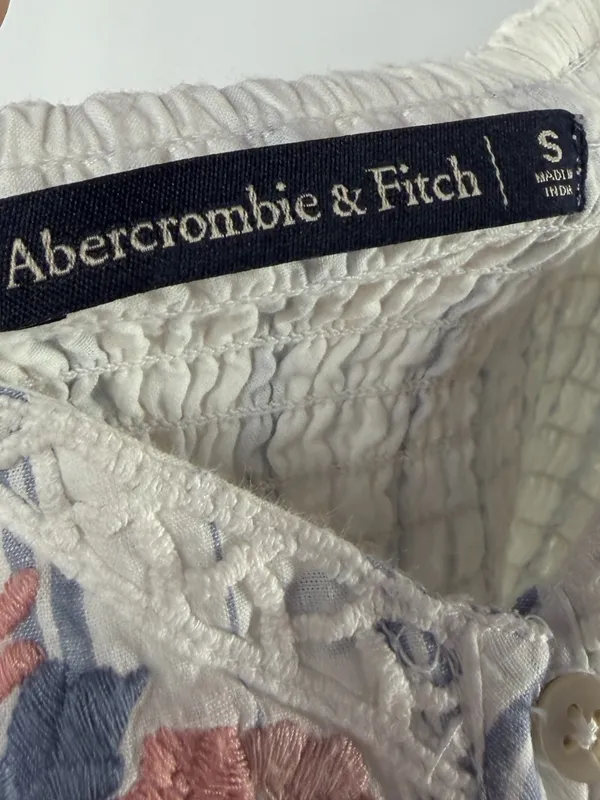 Vintage Abercrombie & Fitch Cotton Floral Embroidery Mini‎ Dress White Blue - Image 5