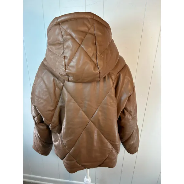 SEBBY Collection Faux Leather Short Crop Puffer Jacket In Toffee Size L. - Image 3