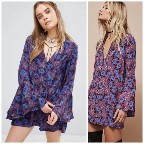 Free People Wine Purple Blue Boho Floral Mystery Bell Sleeve Tunic Blouse - Image 2