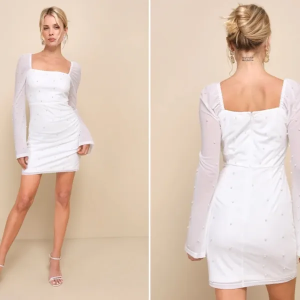 LULU's Bachelorette Engagement Bridal ELegant Sexy Pearls Bell Sleeve Mini Dress - Image 6