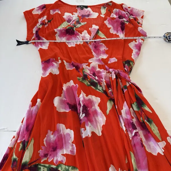 NWT Lulus Have Love Will Travel Coral Red Floral Gauze‎ Wrap Midi Dress Size XL - Image 7