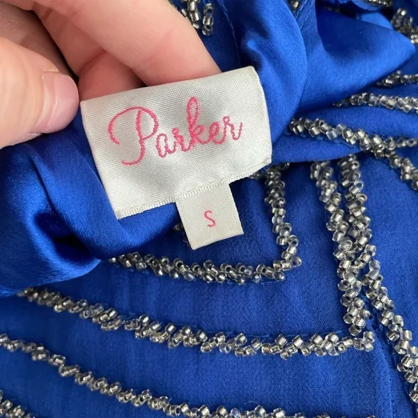 Parker Silk Beaded Sequins Geometric Cocktail Mini Dress Sz‎ Small Blue Silver - Image 2