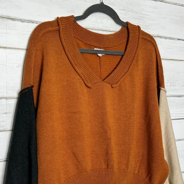 Pol Colorblock Boho V-Neck Knit Sweater Slouchy Pullover Rust Orange Size Small - Image 9