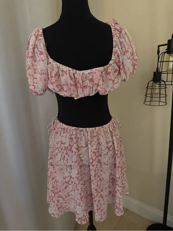 NWT Sabo Skirt Eilish Peony Floral Cut Out Mini Dress Pink Puff Sleeve S - Image 7