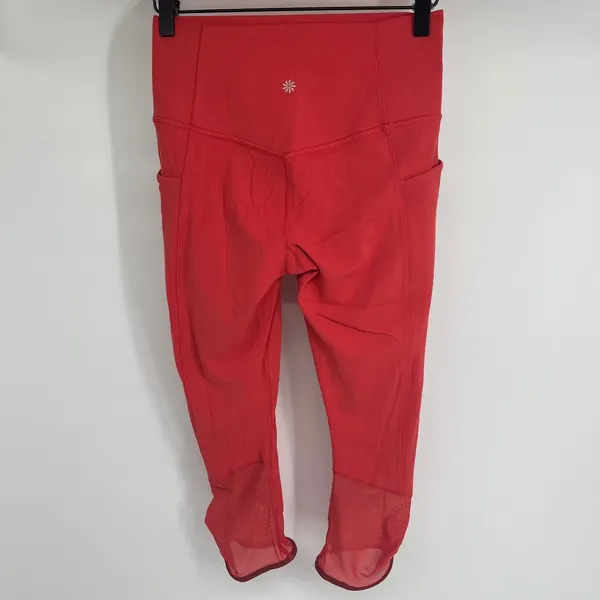 Athleta Salutation Stash Pocket Capri Pants Coral‎ Red Mesh Ruched Ankle Size S - Image 3