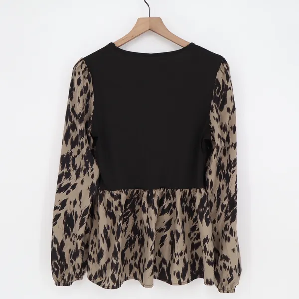 Unbranded Peplum Top Womens XL Mixed Media Black Tan Animal Print Excellent - Image 3