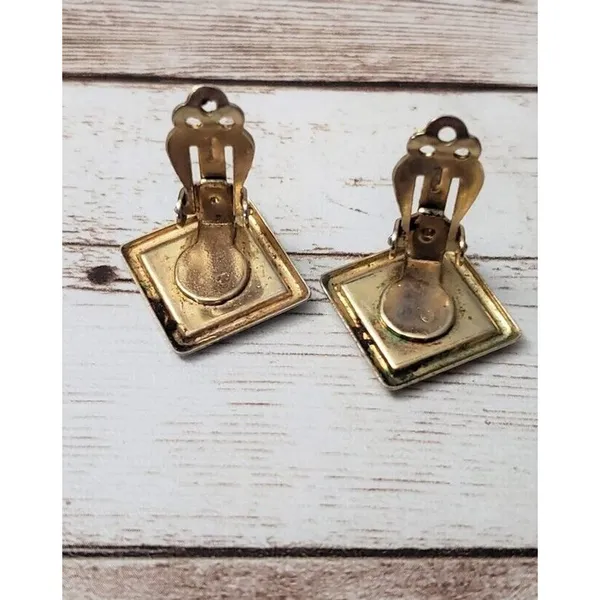 Vintage Clip On Earrings Diamond Shape Black with Dark Gold Pattern 7/8" - Image 4