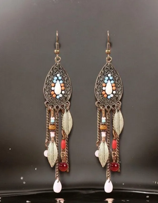 Boho Vintage Style Beaded Fringe Dangle Chain Feather Earrings *Faux Fashion Je - Image 14