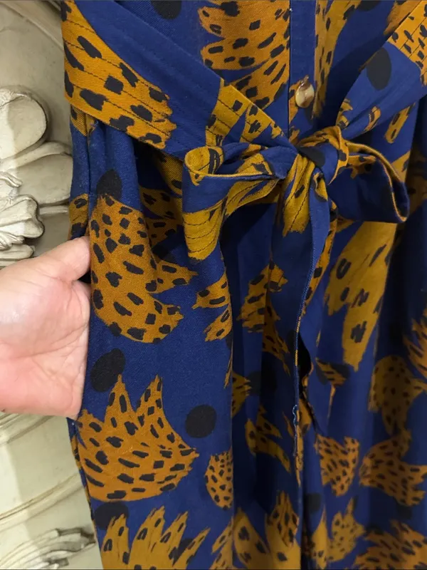 Farm Rio Banana Blue & Brown Printed Jumpsuit with Tie Waist Size Small - Image 10