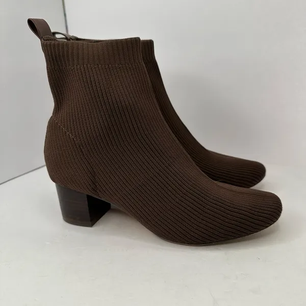 Joie Brown Ribbed Sock Knit Ankle Boots Sz 8 Block Heel Sweater Bootie Chic - Image 11