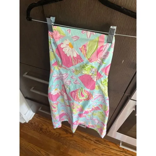 Lilly Pulitzer Strapless Rear Tie Pink Elephants Blue‎ Floral Fit Flare Dress 0 - Image 2