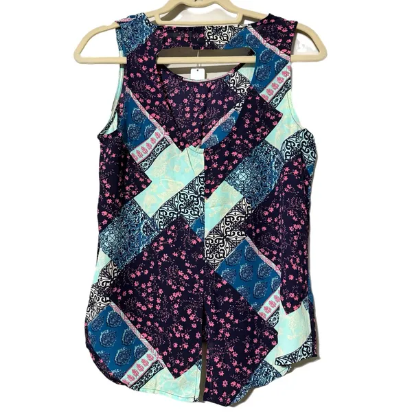 Charming Charlie C medium blue patchwork print hi low tank open back split bottom new - Image 2