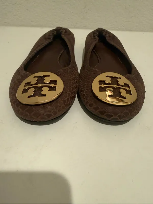Tory Burch Reva Chestnut Brown Textured Snakeskin-print Leather Ballet Flats 6.5 - Image 3