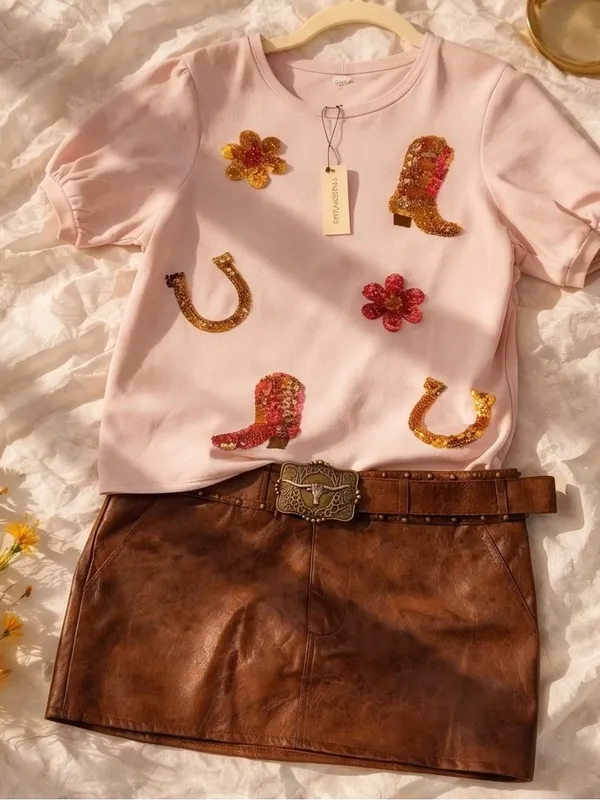 Mesh + Love Pink Sequin Western Puff Sleeve Top NWT Small - Image 5