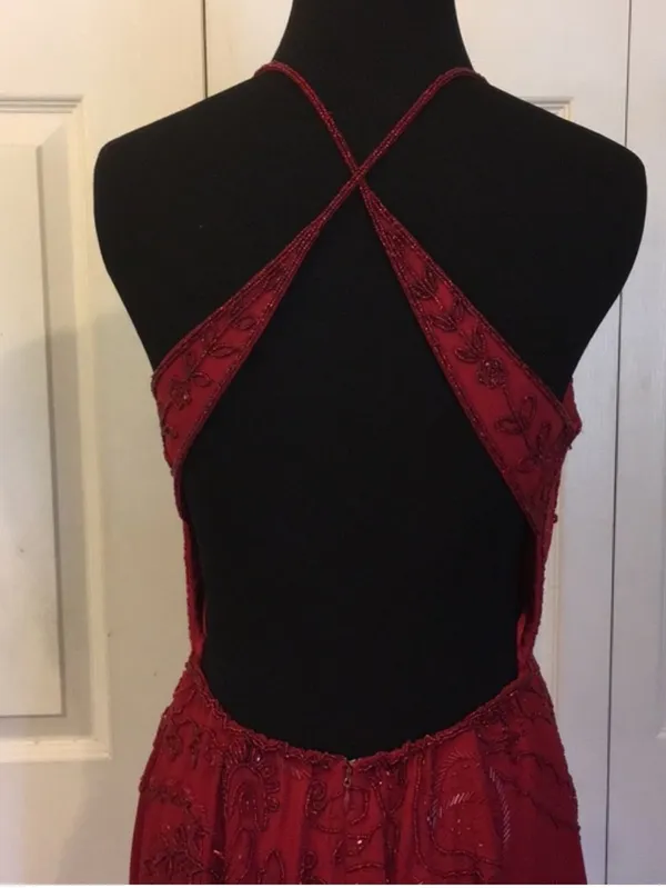 Vintage Blushe Impressions Red Beaded Maxi Gown Open Back Crossover Dress Size 6 - Image 7