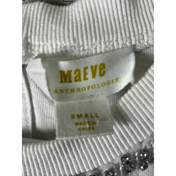 Maeve Anthropologie White Cotton Embellished Bow Neck Short Sleeve Top Small - Image 5