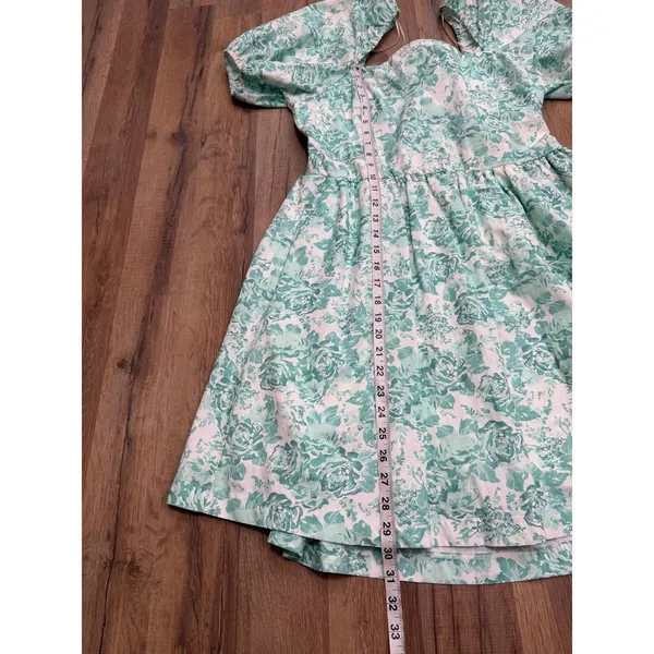 Shabby Chic XL Green Floral Cotton Midi Dress Puff Sleeve Open Back Bow Cottagec - Image 6