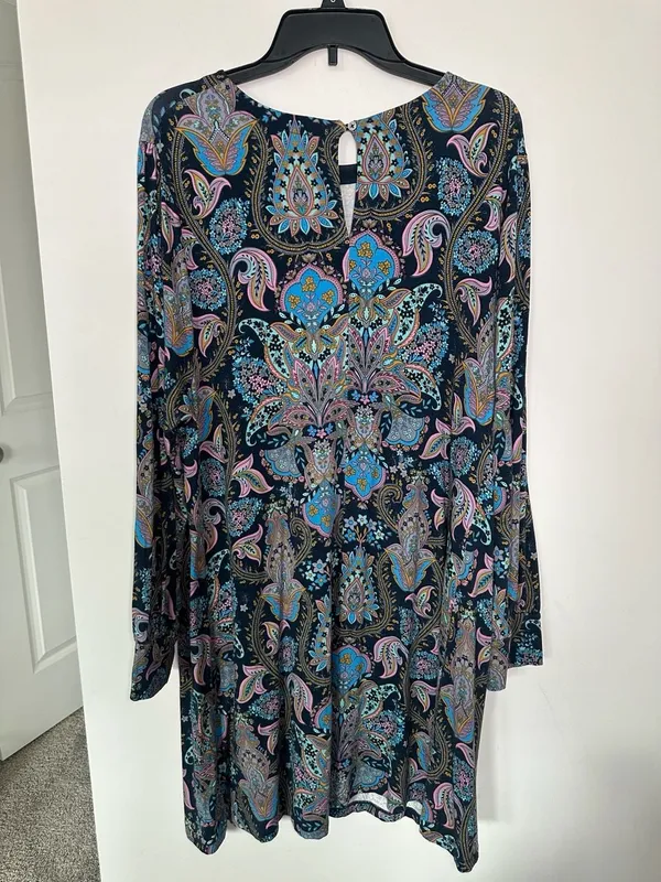 Loft Paisley Dress Size XL Blue Pink Long Sleeve Keyhole - Image 4