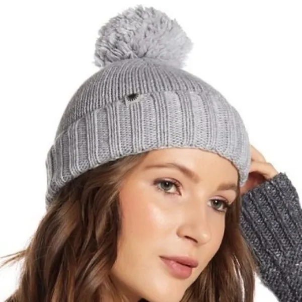 UGG Light‎ Gray Ribbed Knit Pom Pom Beanie - Image 2