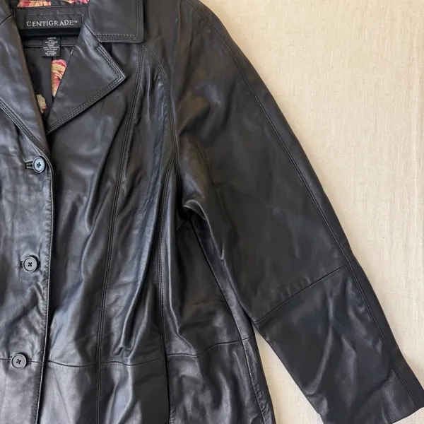 Centigrade Leather Coat women‎ L Black Floral Lining Mid Length Jacket vintage - Image 10